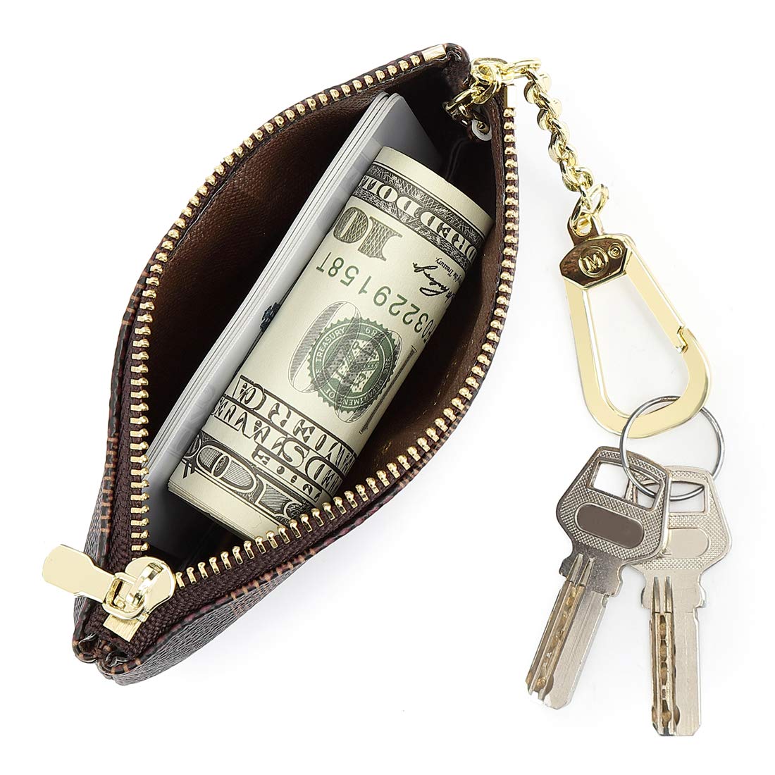 Rauder Luxury Zip Key Chain Pouch | Mini Coin Purse Wallet Card Holder with Clasp | for Men Women - Coated Canvas (Brown Stripe)