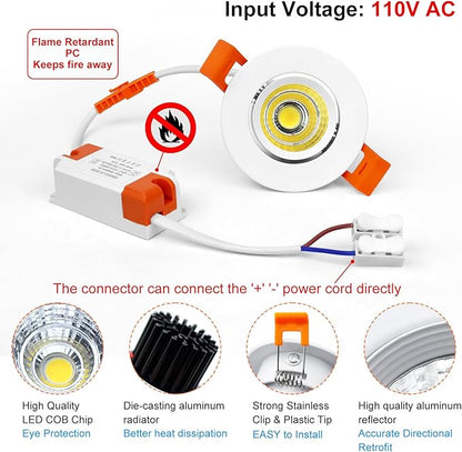 inShareplus 2 Inch LED Downlight, 3W Recessed Lighting COB Dimmable, 5000K Daylight White, CRI80, Ceiling Lights with LED Driver, 6 Pack