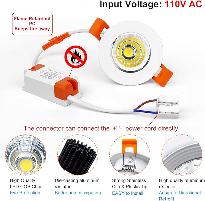 inShareplus 2 Inch LED Downlight, 3W Recessed Lighting COB Dimmable, 5000K Daylight White, CRI80, Ceiling Lights with LED Driver, 20 Pack