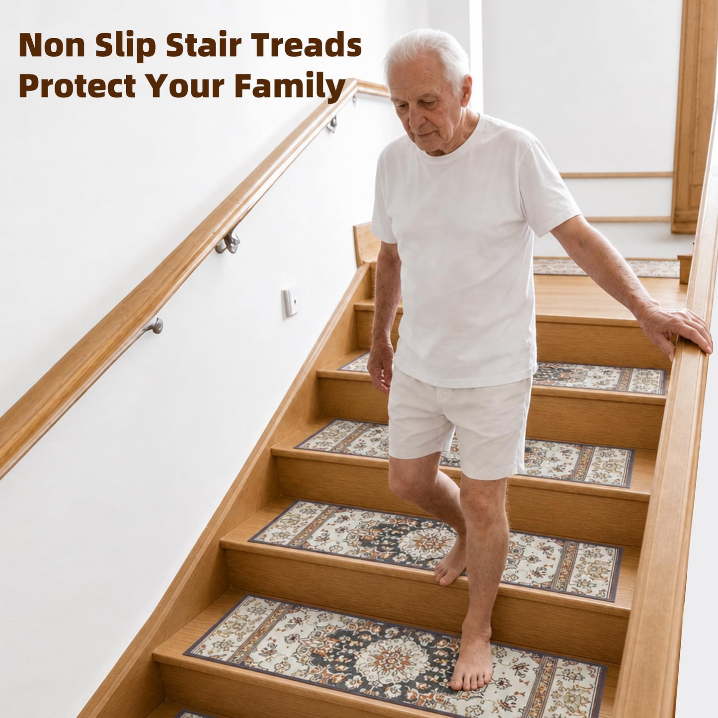 AriseWork 9" x 30" Extra Wide Stair Treads for Wooden Steps (15 Pack) - Non Slip Indoor Carpet Stair Runners for Dogs & Seniors - Ergonomic Anti-Slip Rugs for Hardwood, Peel & Stick, Washable, Brown