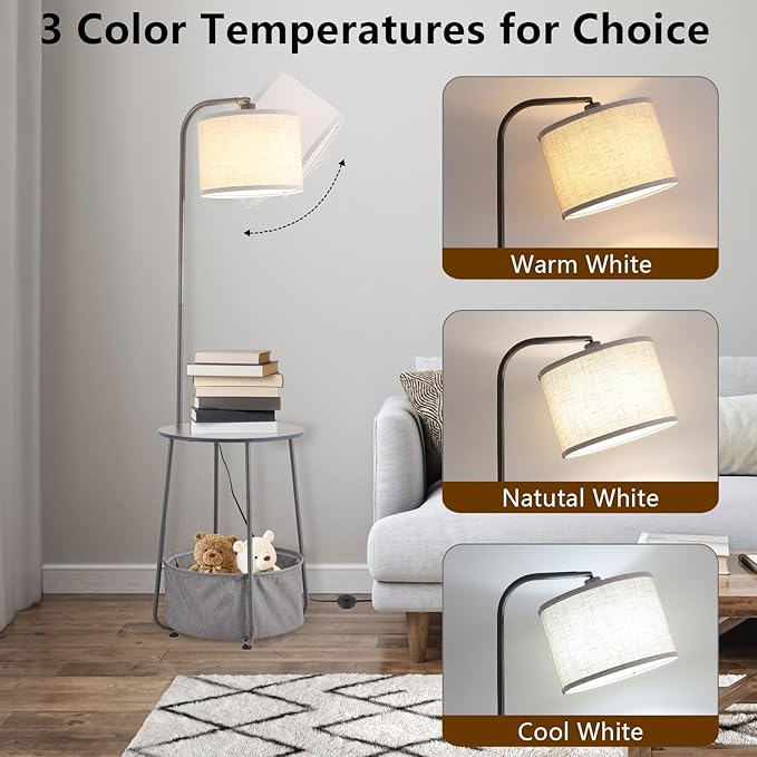 Floor Lamp with Cat Bed, Adjustable Lampshade, 3 Color Temperatures, Foot Switch Control, Tall Standing Lamp with Pet House, Modern Lighting for Living Room Bedroom Decor, Gray