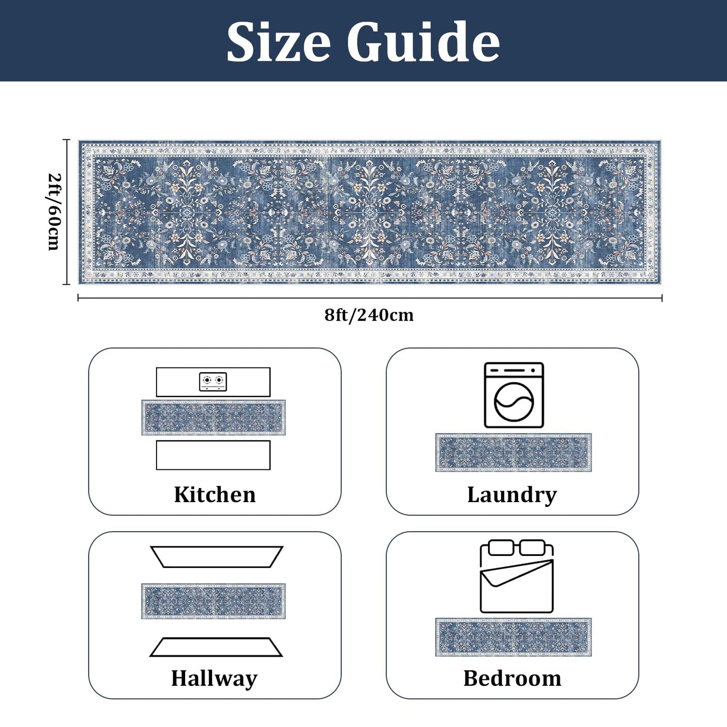 Yamaziot Washable Runner Rug 2x8 – Non Slip Boho Floral Hallway Runner Rug with Rubber Backing, Low Pile Wool Distressed Carpet for Kitchen, Laundry, Bedroom, Entrance, Blue