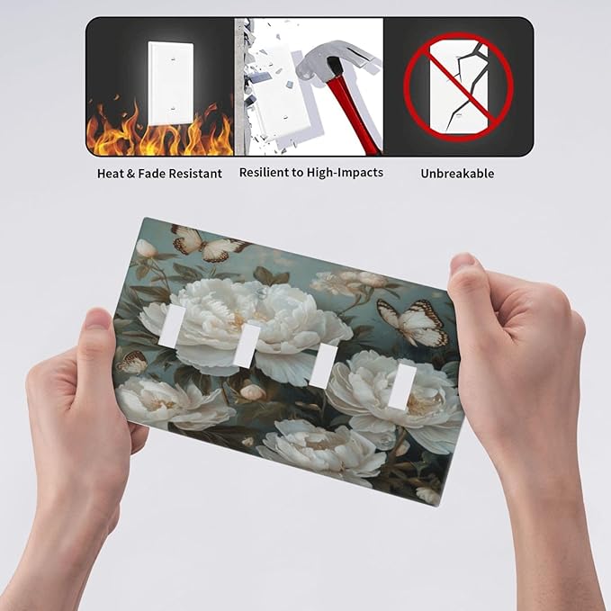 Decorative Art Light Switch Covers Butterflies & Peonies Quad Toggle 4 Gang Wall Plate Switch plate Electrical Faceplate for Home Decor