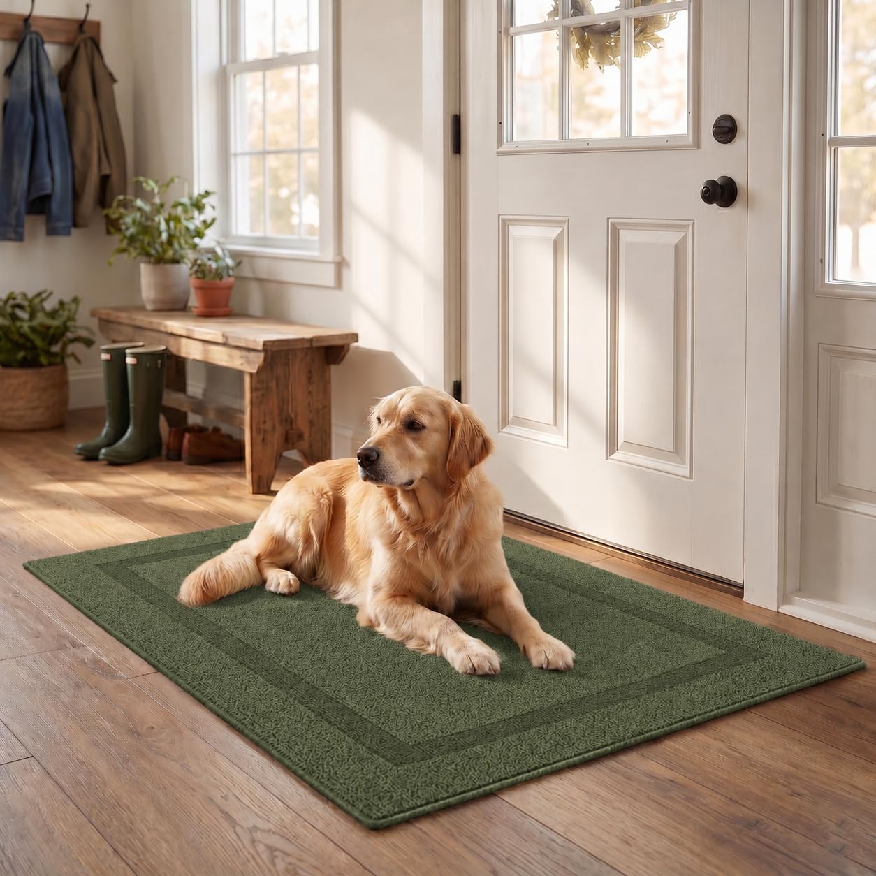 Indoor Door Mat 20 x 31 Inch, Forest Green Entryway Rug, Absorbent Non-Slip Washable Floor Mat for Front Door, Muddy Shoes and Dogs