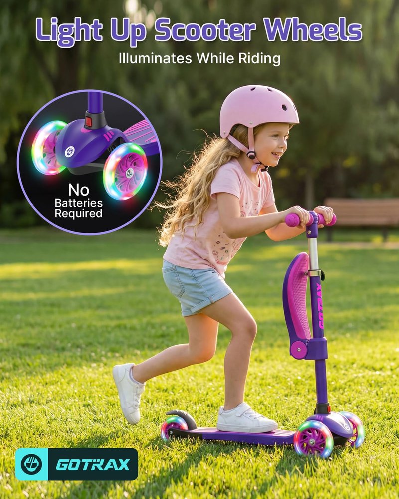 Gotrax KS3 Kids Kick Scooter, LED Lighted Wheels, Adjustable Height Handlebars and Removable Seat, Lean-to-Steer & Widen Anti-Slip Deck, 3 Wheel Scooter for kids Ages 2-8 and up to 100 Lbs (Purple)