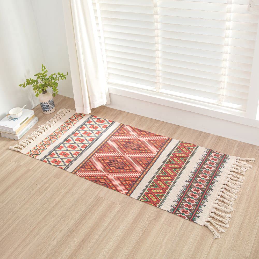 aoaoaoway Cotton Rug Soft and Handwoven Fringe Rectangular Cotton Rug Tapestry Boho Kitchen, Living Room (Orange, 51.2 * 23.6)