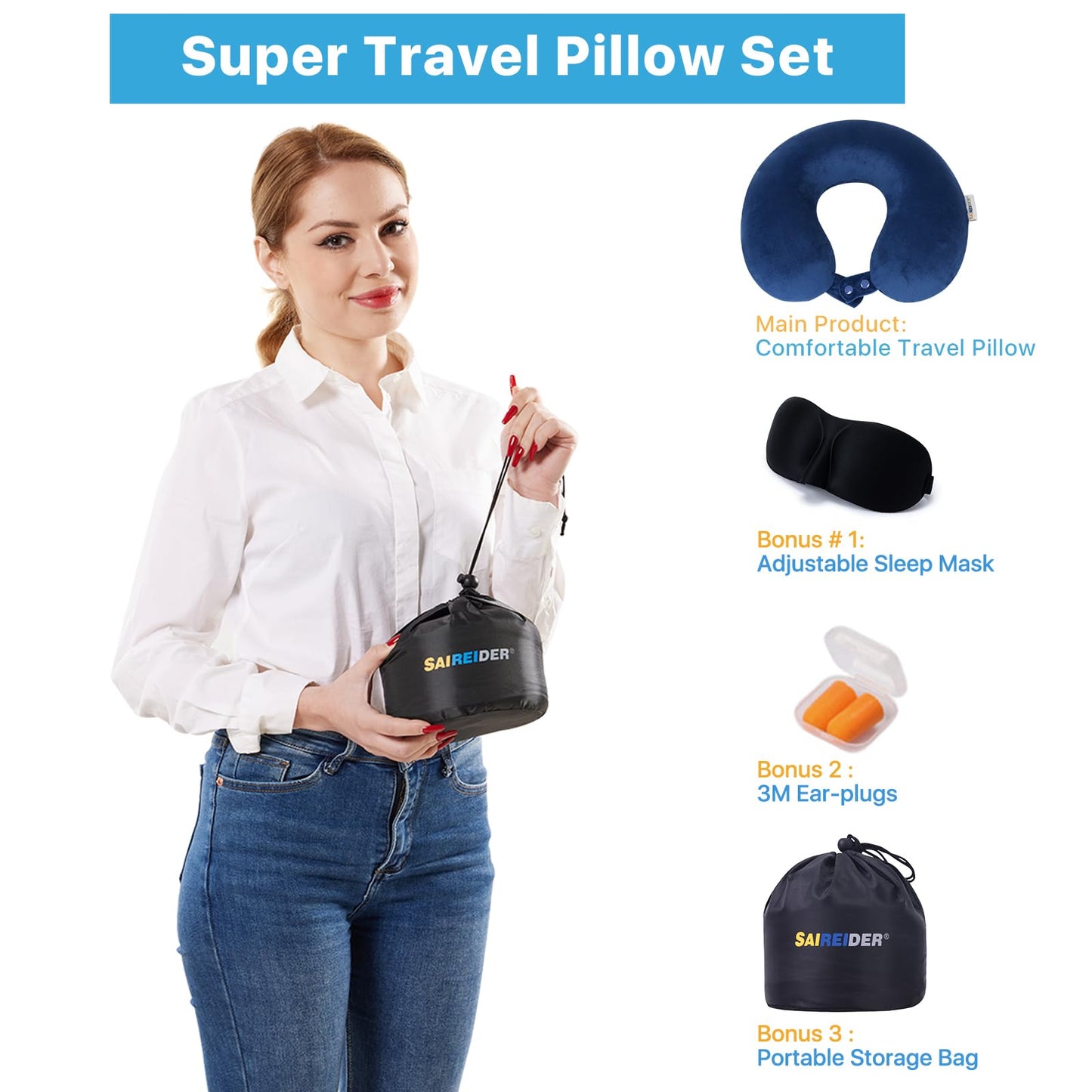 SAIREIDER Neck Pillows for Travel-Head Neck Support Travel Pillow for Traveling, Car, Home, Office Adjustable(Navy Blue)