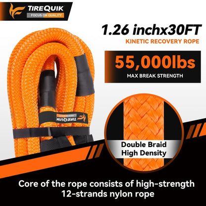 TireQuik Kinetic Recovery Rope 1.26" x 30ft 55000lbs Heavy Duty Offroad Snatch Strap with 2 Soft Shackles, Kinetic Tow Rope Recovery Kit, 35% Elasticity Tow Ropes for Trucks SUV UTV ATV Tractor