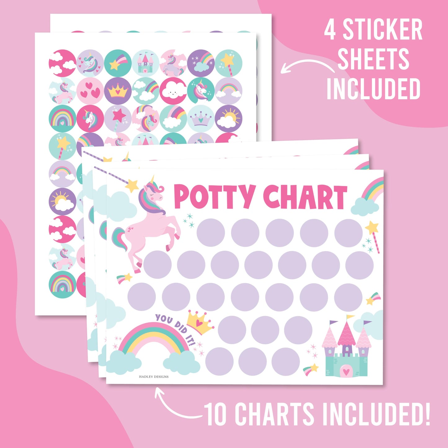 Hadley Designs Potty Training Chart for Toddlers Girls -10 Sticker Potty Chart for Toddlers Girls, 8.5x11" Potty Training Sticker Charts for Toilet Success, Unicorn Toddler Reward Chart for Kids