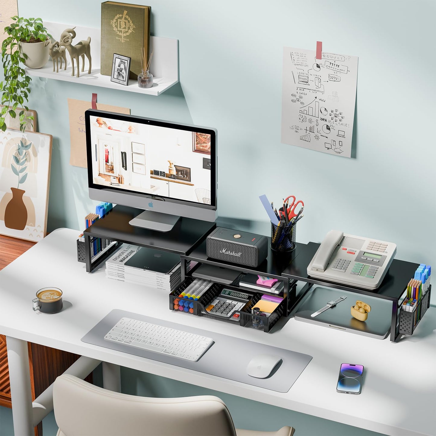 Simple Trending Desk Organizers and Accessories, Dual Monitor Stand Riser with Drawer and 2 Pen Holder, Shelf for Top of Desk, Black