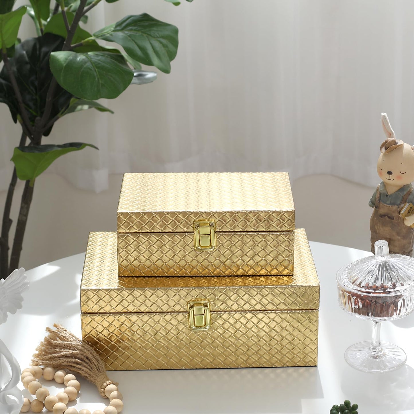 DECOR4SEASON Faux Leather Decorative Jewelry Storage Organizer Boxes Set of 2, Gold