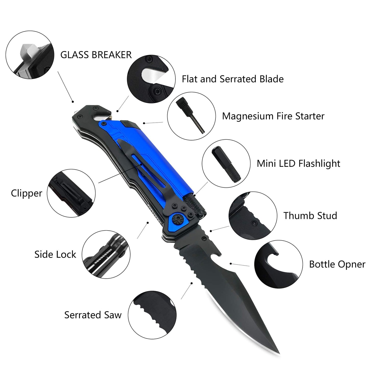 ALBATROSS 6-in-1 Survival Tactical Military Folding Pocket Knives with LED Light,Seatbelt Cutter,Glass Breaker,Magnesium Fire Starter,Bottle Opener;Multi-Function Emergency Tool(Blue)