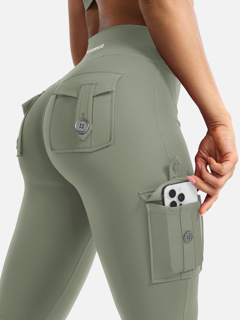 YEOREO CoreFlex Women Workout Flare Leggings with Pockets Hidden Scrunch High Waisted Cargo Gym Yoga Leggings Light Army Green XXL