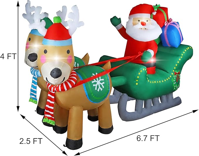 MorTime 6.7 FT Christmas Inflatable Santa Claus on Sleigh Pulled by Two Reindeers with Gift Boxes, Blow up Lighted Xmas Yard Decor with LED Lights for Christmas Outdoor Decorations
