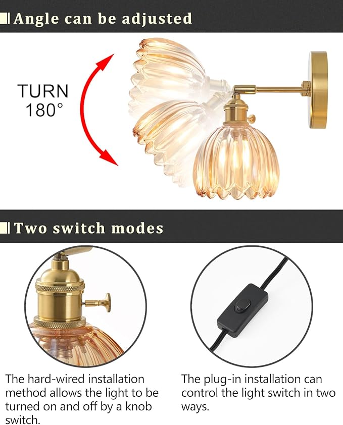 Plug in and Hardwired Wall Sconces, Luxury Vintage Tulip Crystal Glass Shade Wall Light with Switch for Bedside Bedroom Living Room (Tulip-Amber, 1)