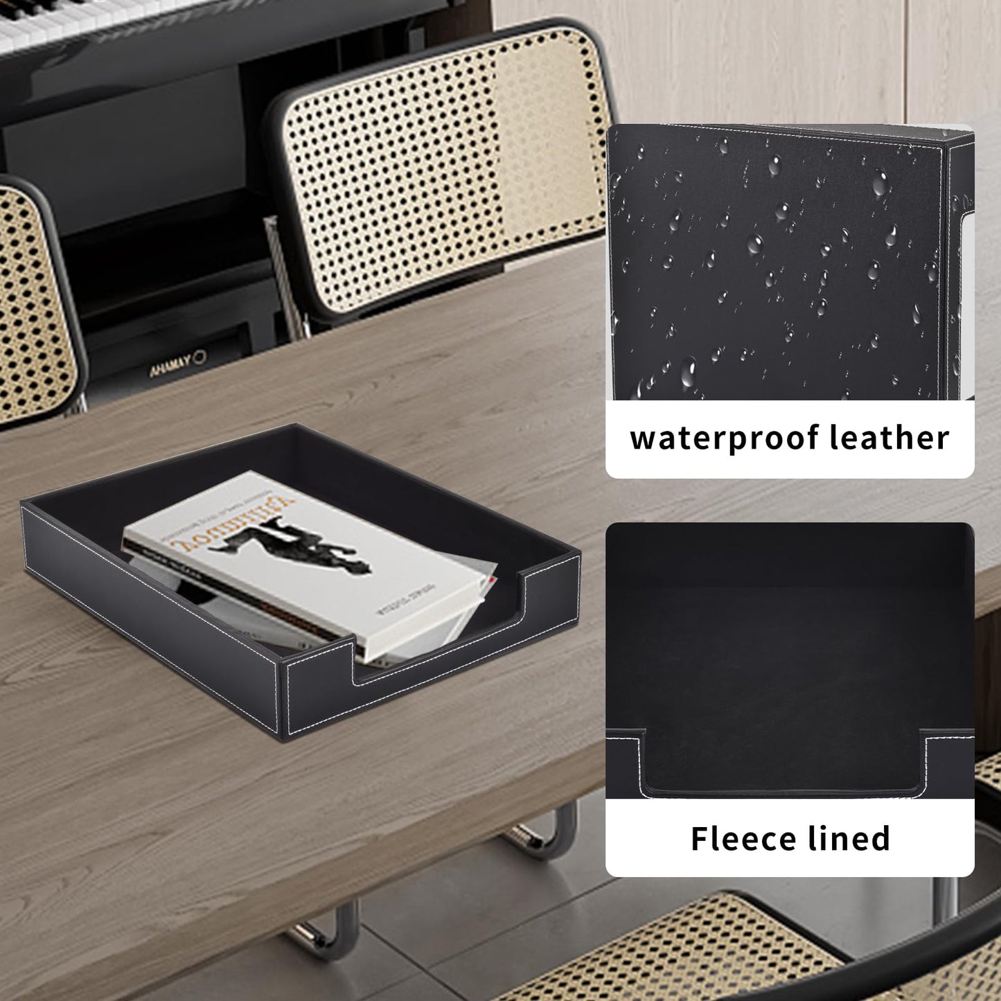 Leather Letter Tray, Office Supplies Desk Organizer for Mail Paper Files Magazines Jewelry Cosmetics,Luxury Letter Holder&Multipurpos Stackable Office Desktop Storage Box ,Black