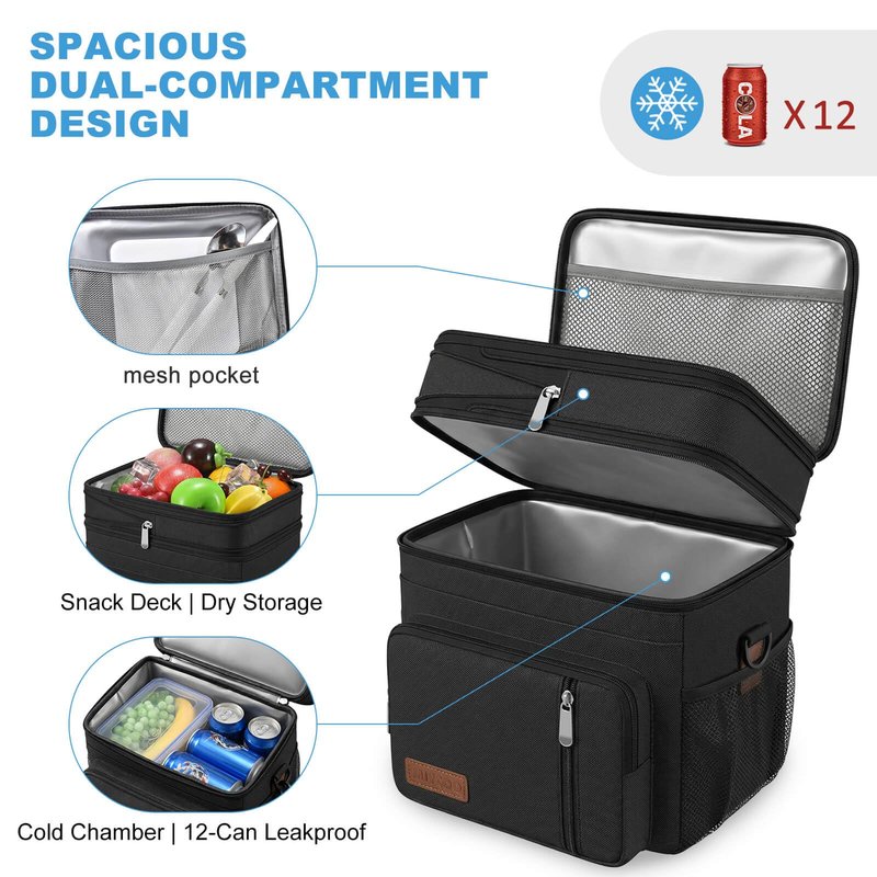 MIYCOO Lunch Bag & Lunch Box for Men Women, Double Deck Leakproof Insulated Soft Large Adult Camping Cooler bag for Work, Beach, Picnic, Travel (Black, 15L)