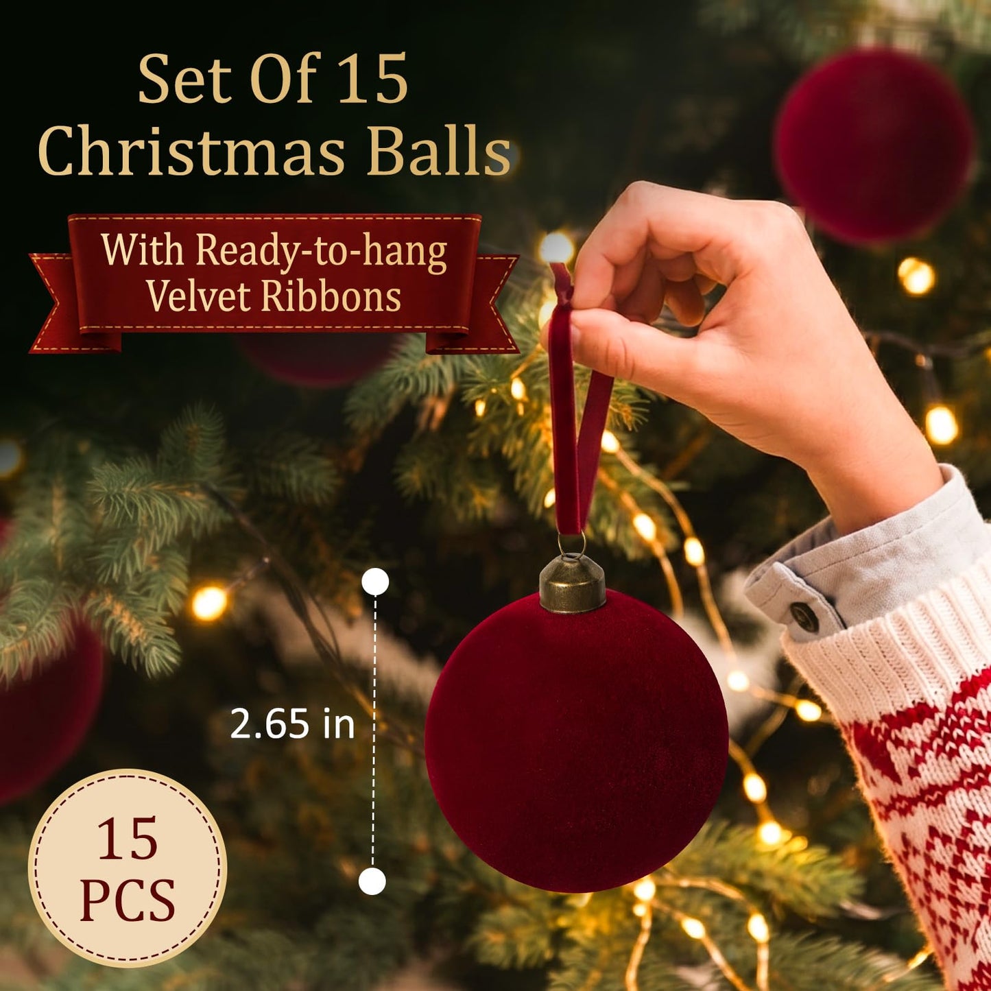 15 Pcs Red Velvet Christmas Decorations Balls, 2.65 Inch Christmas Ornaments for Xmas Tree Decor, Dark Red Flocked Ball for Family Holiday Party Valentines Hanging Decoration