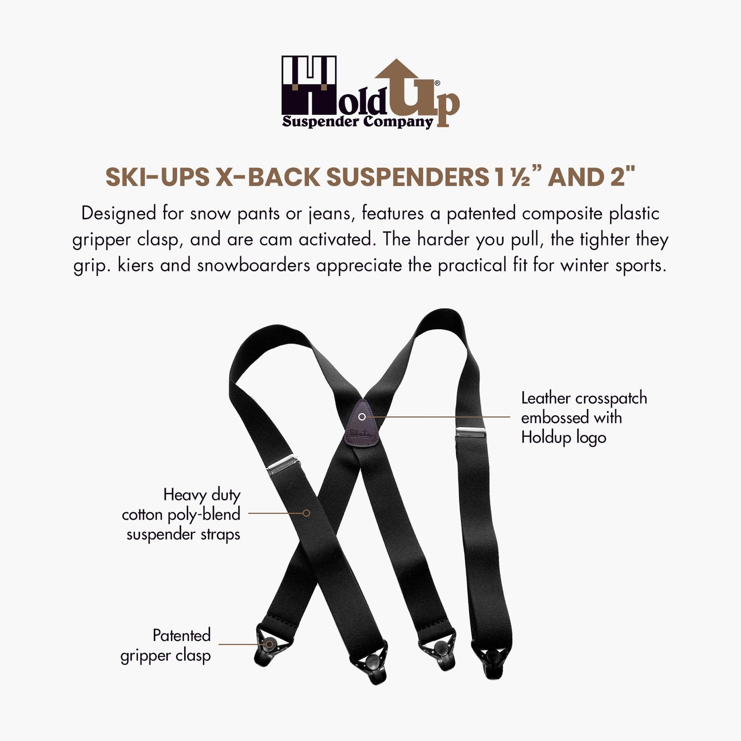 Holdup Ski-Ups Blue 1 1/2" Suspenders for Men with USA Patented Black Composite Plastic Gripper Clasps