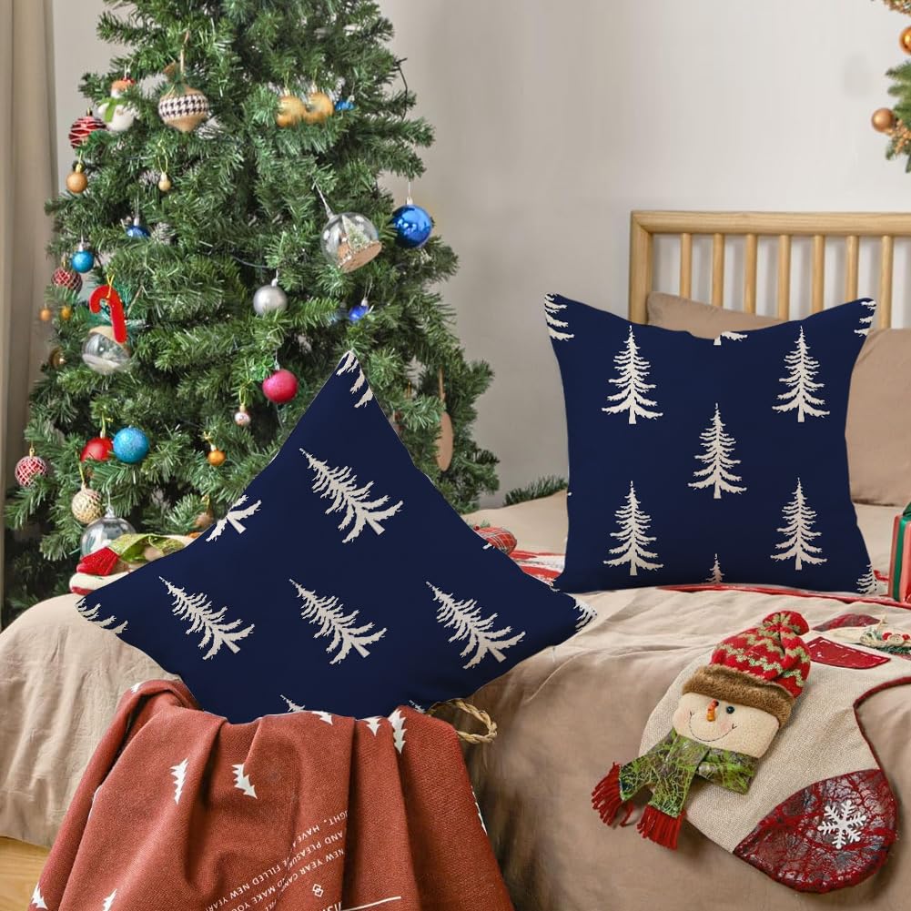 RABUSOFA Christmas Pillow Covers 18x18 inch Set of 2 Indoor Outdoor Waterproof Christmas Decor Tree Decorative Throw Cushion Cases Winter Xmas Holiday Decoration for Couch Patio Dark Blue