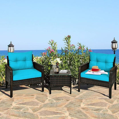HAPPYGRILL 3 Piece Patio Furniture Set Outdoor Rattan Wicker Coffee Table & Chairs Set with Seat Cushions Patio Conversation Set for Garden Balcony Backyard Poolside