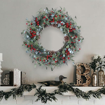 20 Inches Christmas Wreath Winter Wreaths Holiday Christmas Wreaths for Front Door Christmas Berry Wreath with Pine Needles Pine Cones Red Berries for Window Indoor Outdoor Winter Decorations