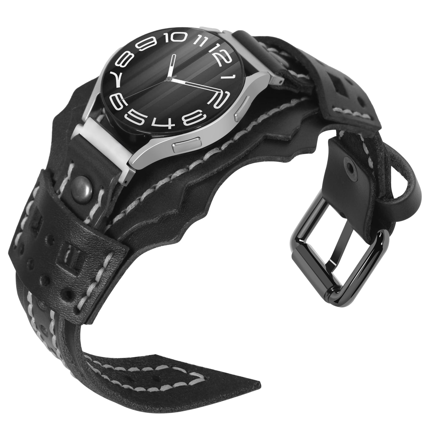 VIQIV Leather Band Compatible with Samsung Galaxy Watch 7/6/5/4/FE Active 2 40mm 44mm/Watch 4 6 Classic 43mm 47mm 42mm 46mm/Watch 5 Pro 45mm Bands Men, 20mm Two-Tone Gothic Biker Sport Leather Strap Women, Black
