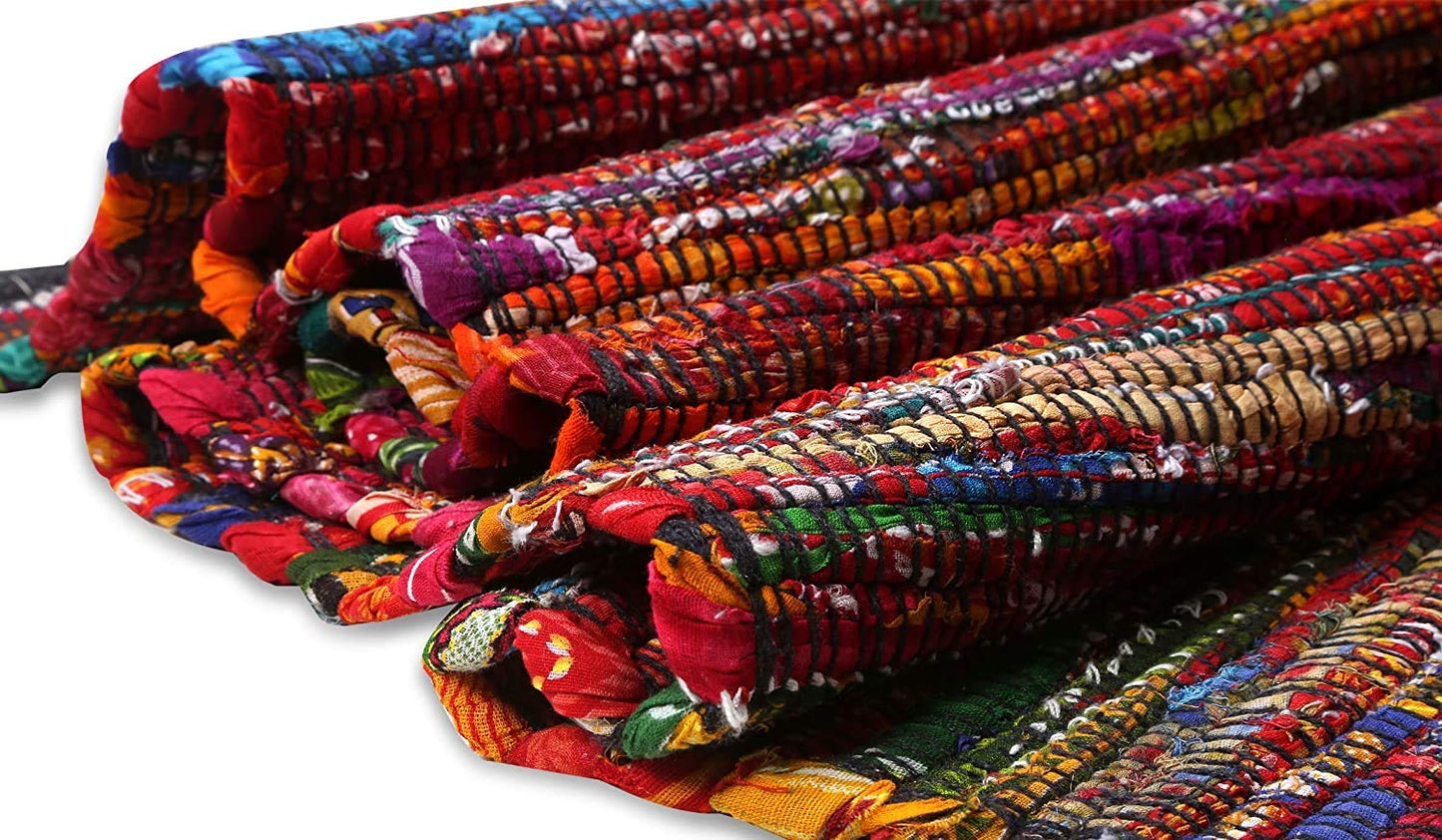 Ramanta Home Cotton Multi Color Chindi Hand Woven Rugs - 8x10 Feet Rectangle Hand Braided Bohemian Colorful Area Rug - Recycled Braided Chindi Rugs- Biodegradable Area Rugs Size 96x120 inch.