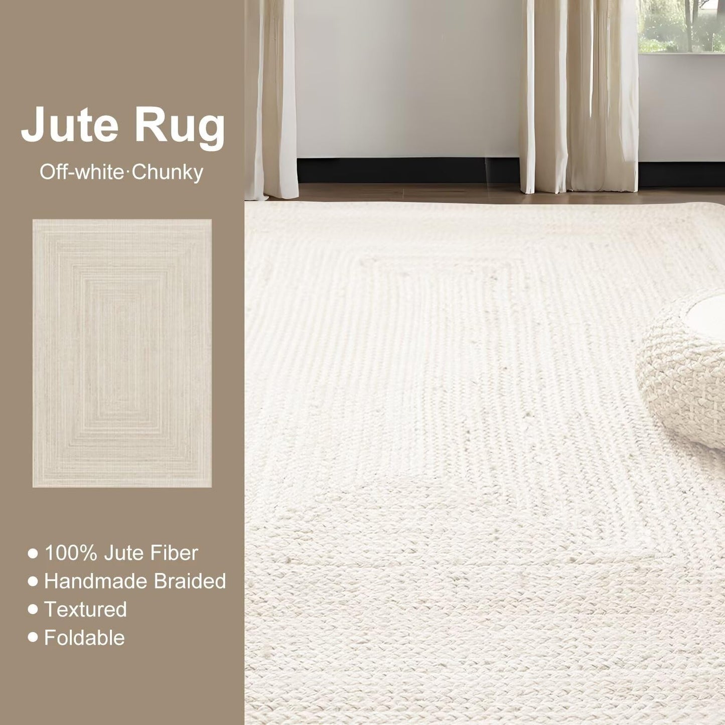 Shatex 4x6ft Rectangular Rug, Handmade Braided Jute Area Rug for Living Room, Bedroom