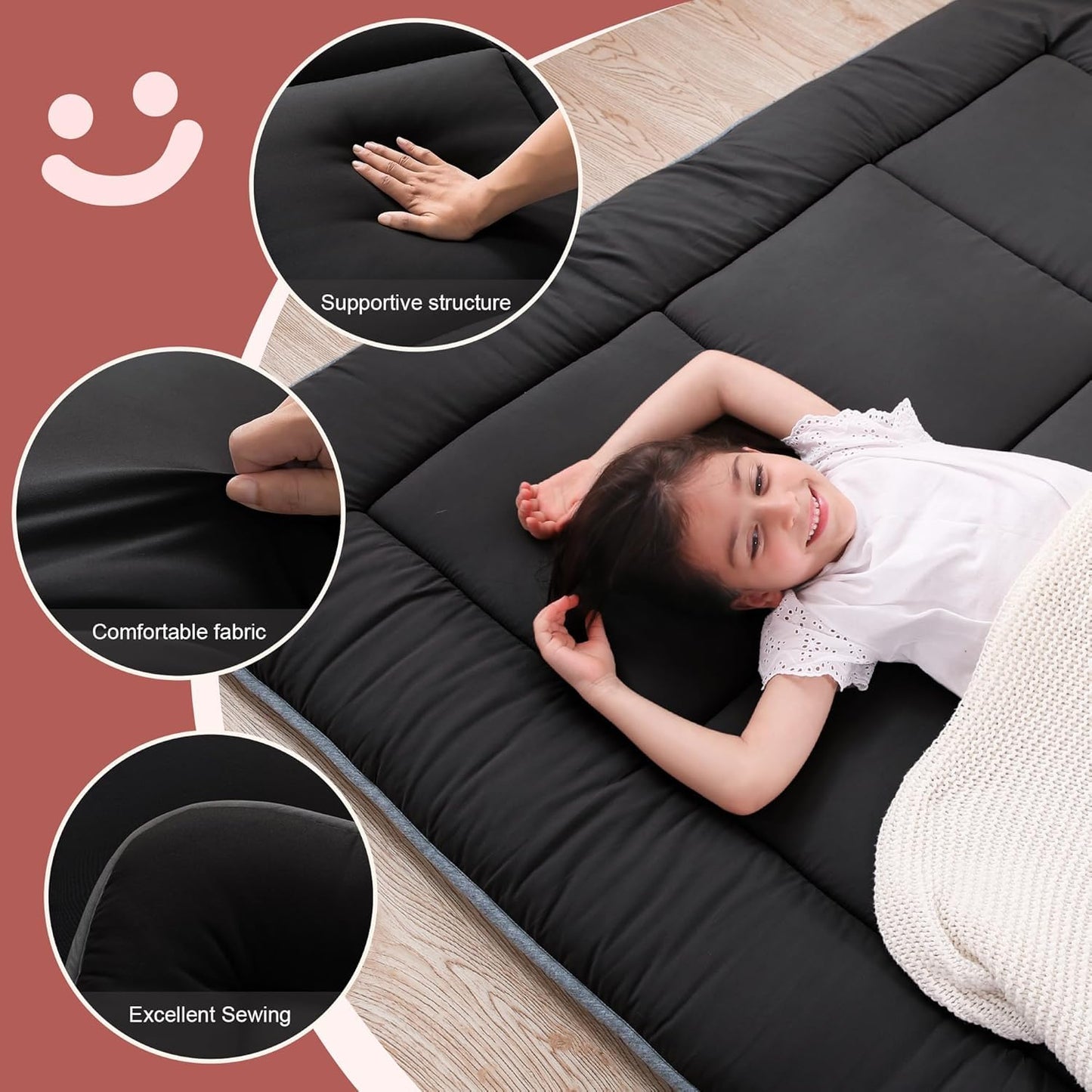 WhatsBedding Japanese Floor Mattress Futon Mattress 3" Black Tatami Mat Shredded Memory Foam Filled Sleeping Pad, Foldable & Portable Roll Up Lounger Camping Bed for Kids and Adult,Queen Size 60"x 80"