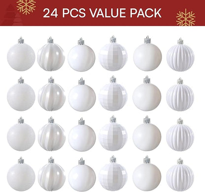 JOIEDOMI 24 Pcs White Christmas Balls Ornaments Set, 2.36" Christmas Tree Ornaments Shatterproof, Xmas Balls Hanging Decorations for Tree Wreath Garland Holiday Wedding Indoor Party Decor