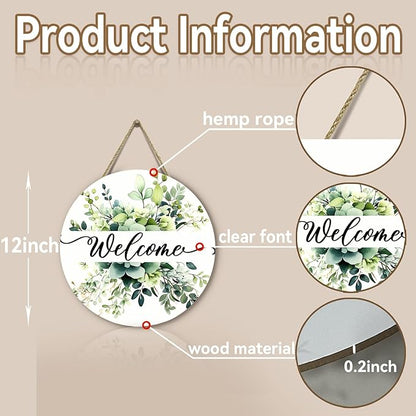 Spring Summer Welcome Door Sign Green Eucalyptus Leaf Wooden Door Hanger Floral Leaves Front Door Hanging Sign for Outdoor Home Farmhouse Porch Sign Decor