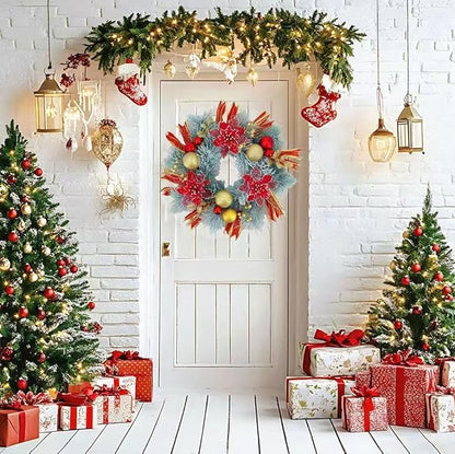 20 Inch Christmas Wreath for Front Door, Artificial Golden Glitter Wreath with Red Poinsettia Flowers Balls Ornaments for Door Wall Window Fireplace Party Decor
