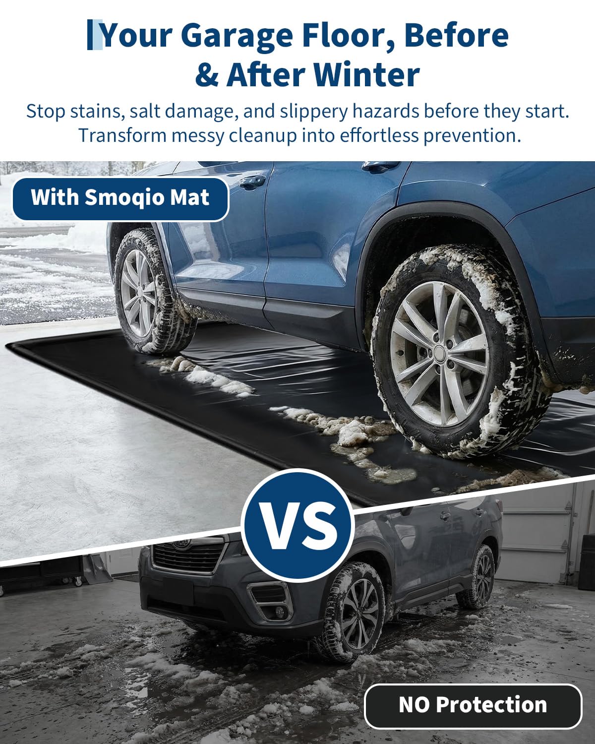 Garage Mat with Raised Edge, 1000D PVC Non-Slip Floor Protector for Cars Trucks SUVs, Snow Melt Containment Tray for Winter, Comes with Squeegee & 8 Attachment Straps, 4 Size Options (7.9x16 to 8.6x22
