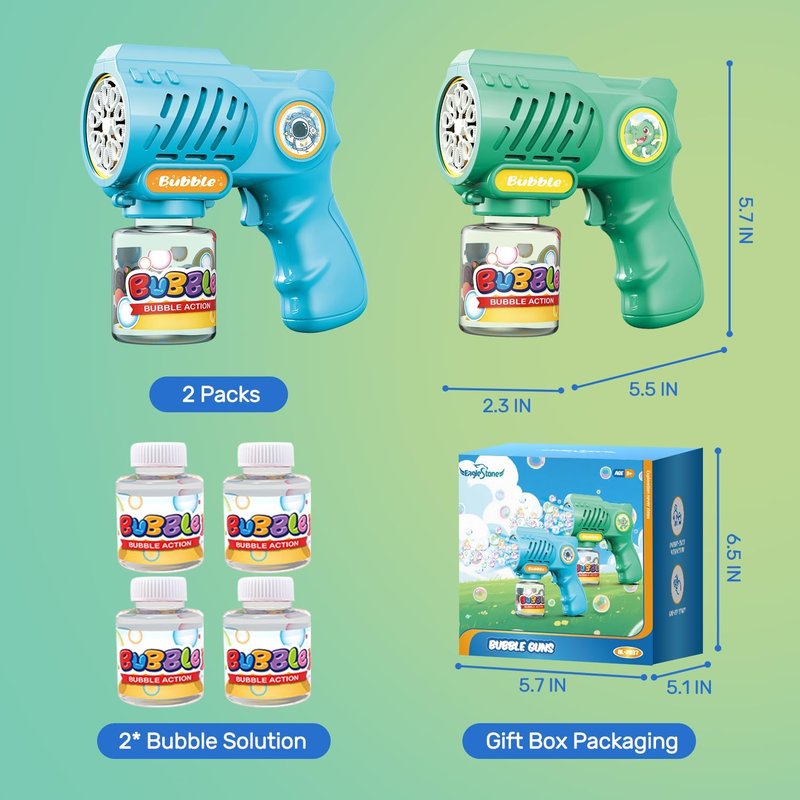 Bubble Gun Machine - 2 Pack Outdoor Toy for Kids 3+ Years | Includes Bubble Solution, Perfect Birthday Gift for Boys & Girls 4-8