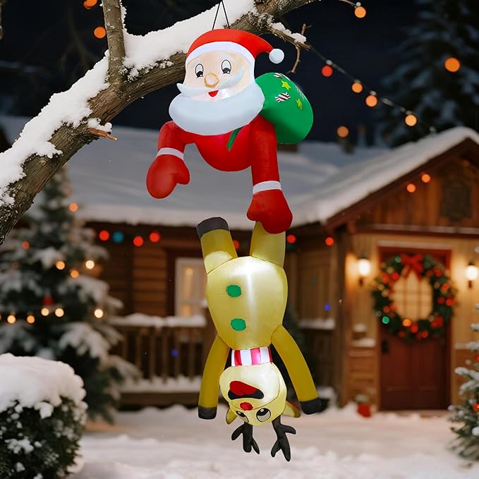 DR.DUDU 7 FT Christmas Inflatable Outdoor Decorations, Blow Up Santa Claus with Reindeer Hanging Xmas Inflatables Decor with LED Lights for Yard Lawn Porch Garden Holiday Party