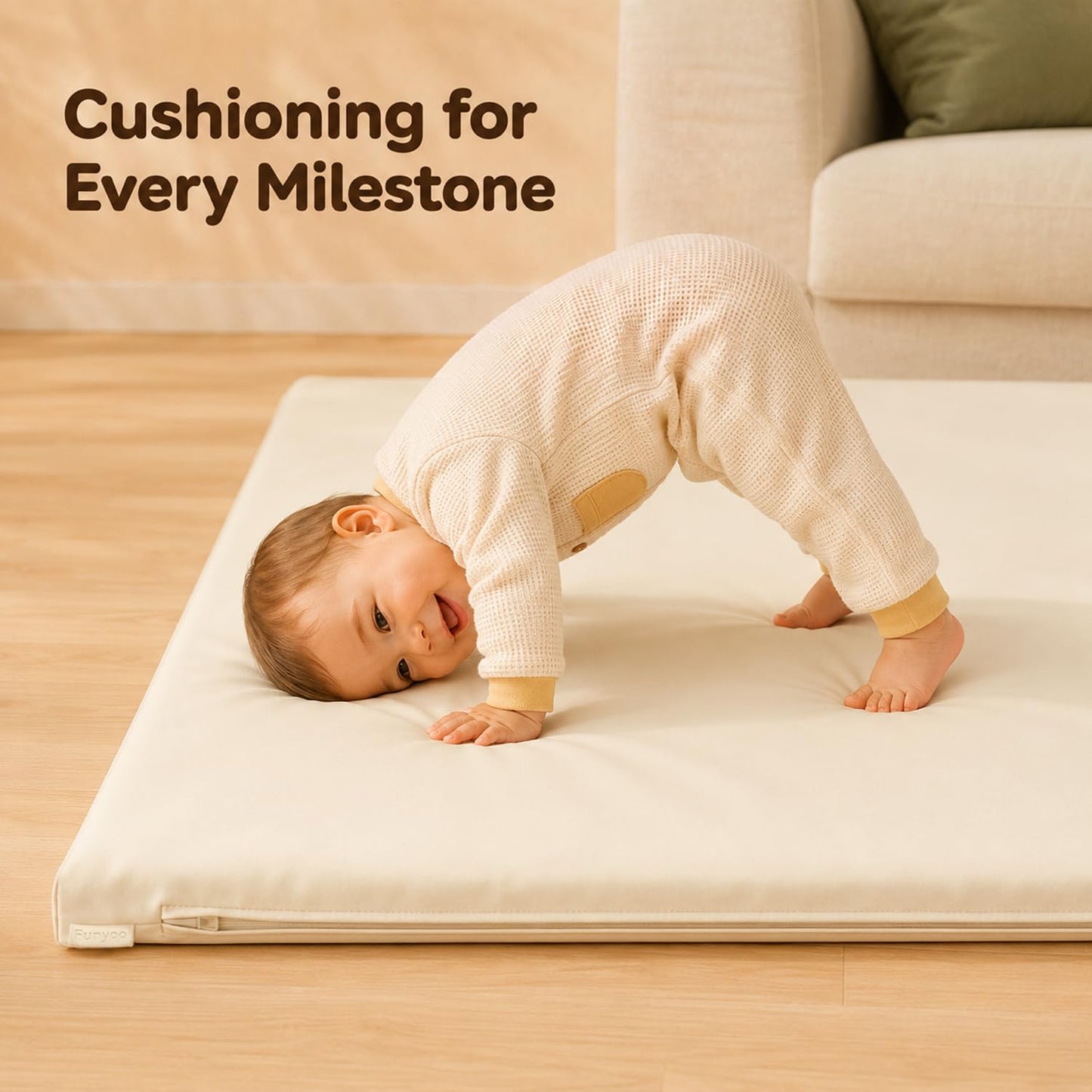 Funyoo Vegan Leather Baby Play Mat, 71x59 Thick Cushioned Waterproof Playpen Mat, Stylish Removable Cover Floor Mat for Babies & Toddlers, Soft Padded Play Mat for Safe Crawling, 1.2" Thick, Cream