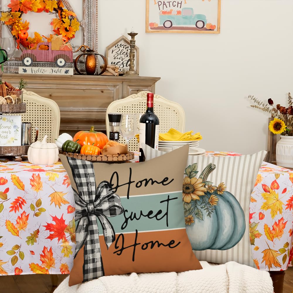 GEEORY Fall Blue Pumpkin Sunflower Buffalo Plaid Pillow Covers 18x18 Set 4