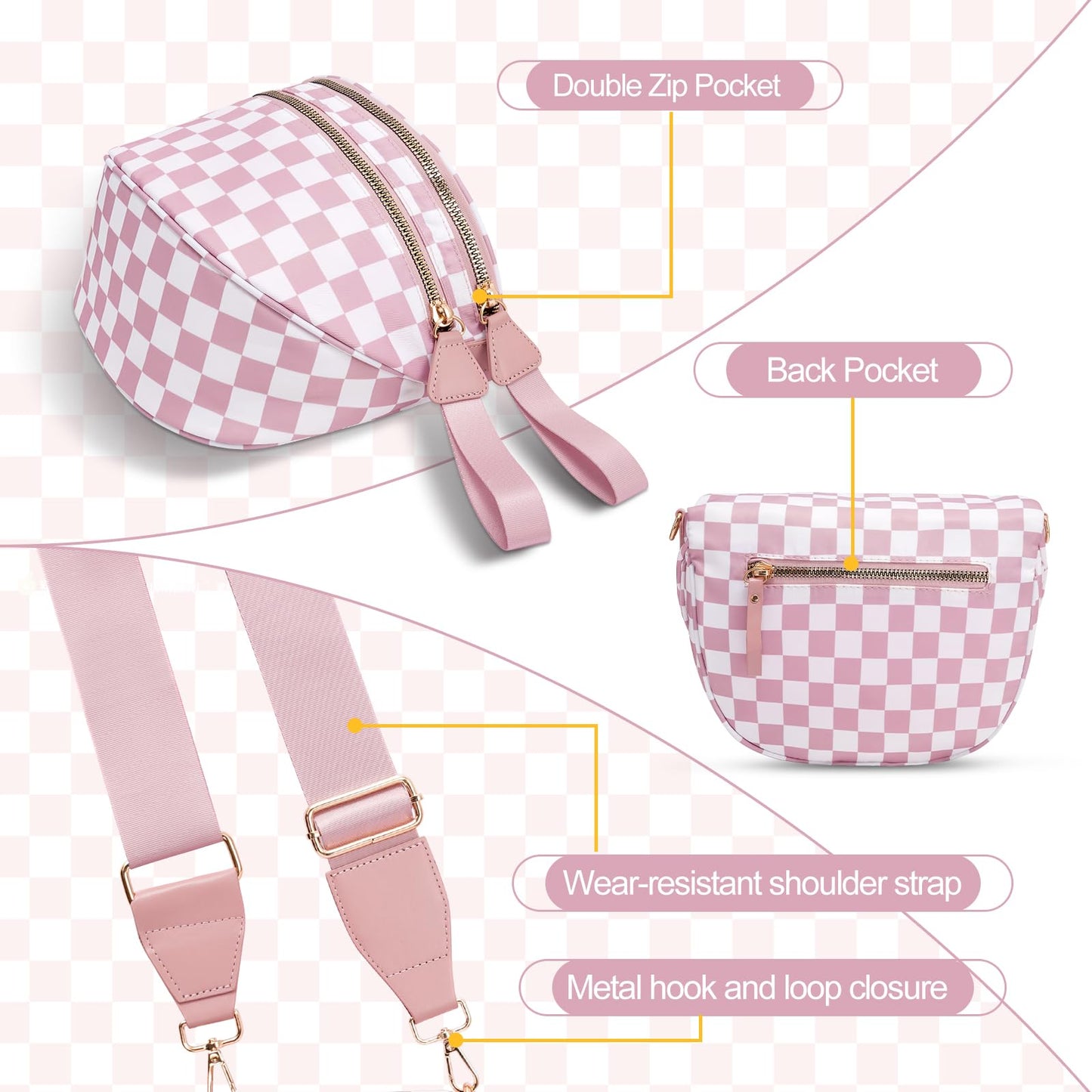 Checkered Crossbody Bag,Nylon Bum Bags for Women Crossbody,Spacious Sling Bag Purse Fanny Packs with Shoulder Strap