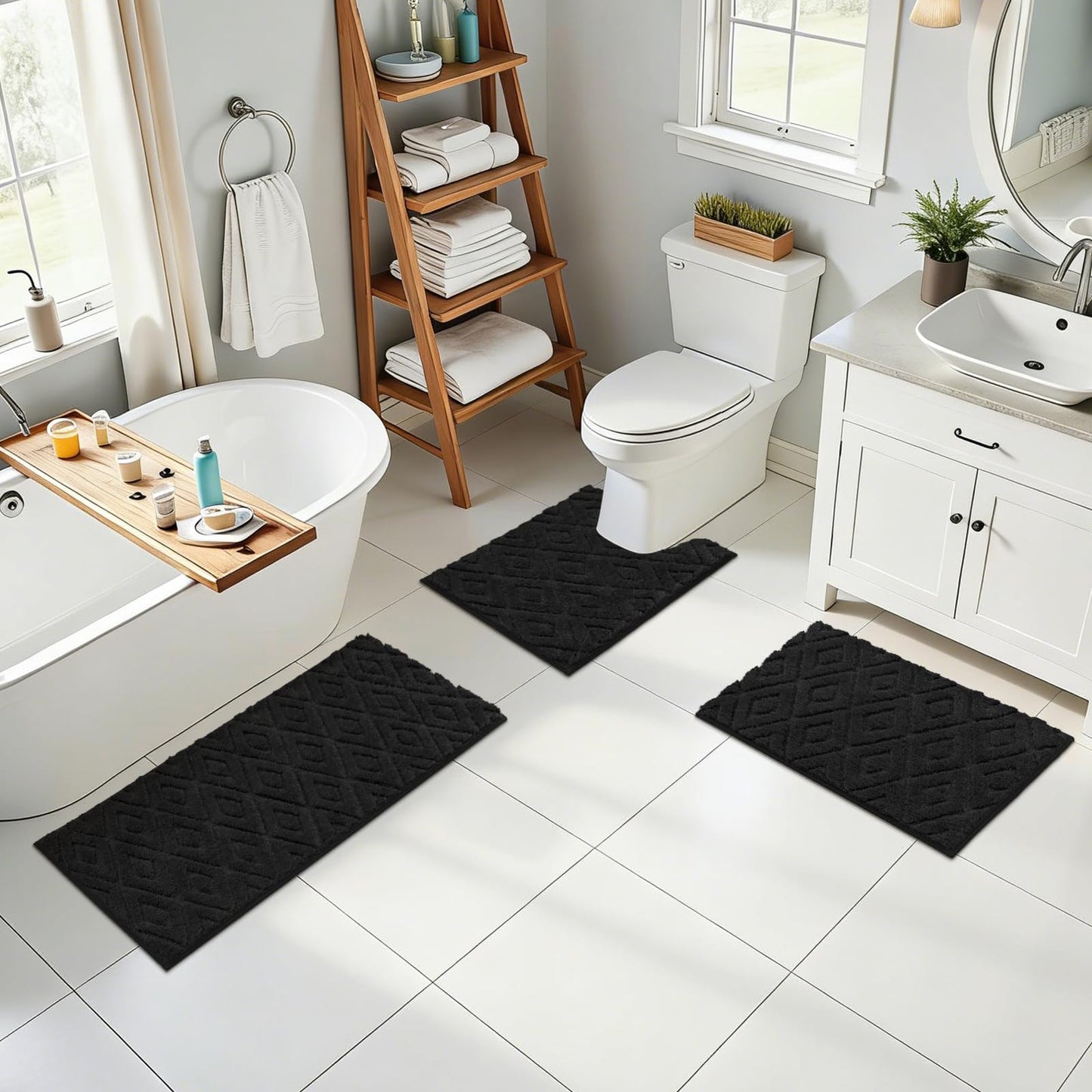 Bsmathom Bathroom Rugs Sets 3 Piece, Microfiber Shaggy Bath Mat Set, Ultra Soft Non-Slip Bath Rugs with U-Shaped Contour Toilet Mat for Bathroom, Tub, Shower Washable Carpets Set, Black