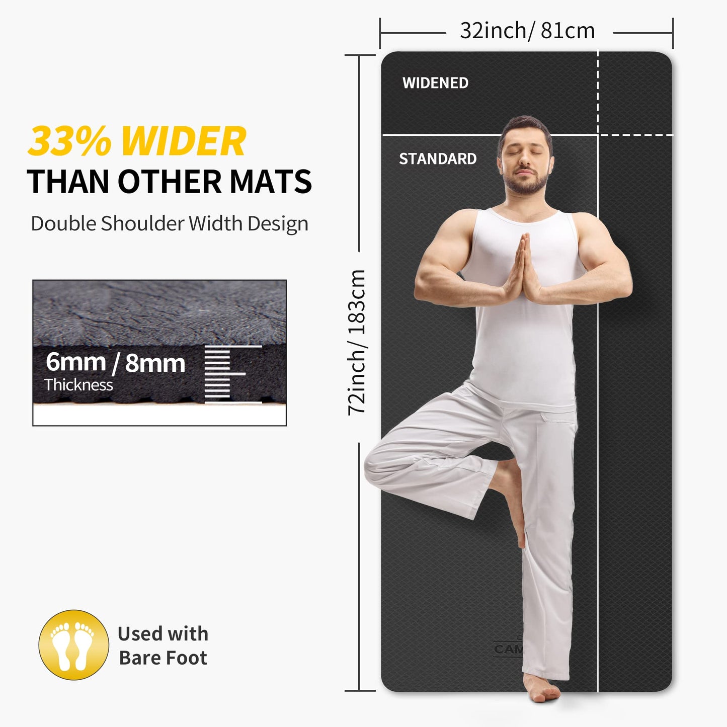 CAMBIVO Extra Wide Yoga Mat 72"x32" - 6mm Thick TPE Non Slip Exercise Fitness Mat, Large Workout Mat for Yoga Pilates Stretching, Anti-Slip Gym Mat for Tall Men Women & Beginners (6mm, Dark Black)