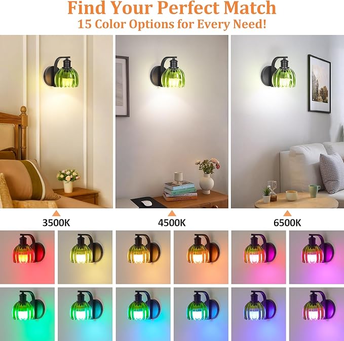 VerRon Rechargeable Battery Operated Wall Sconce Set of Two with Green Glass Lampshade, Wireless Wall Scone Decor with Remote Control, 15 Colors Black Wall Light for Bedside Hallway Bedroom Doorway