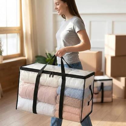 1 Pack Clear Storage Bags, PVC Foldable Blanket Storage Bags with Zipper & Handles for Sheet Organizers and Storage Closet Clothing Sweater Comforter Bedding Pillow (28.7x13.7x14.5 Inch)