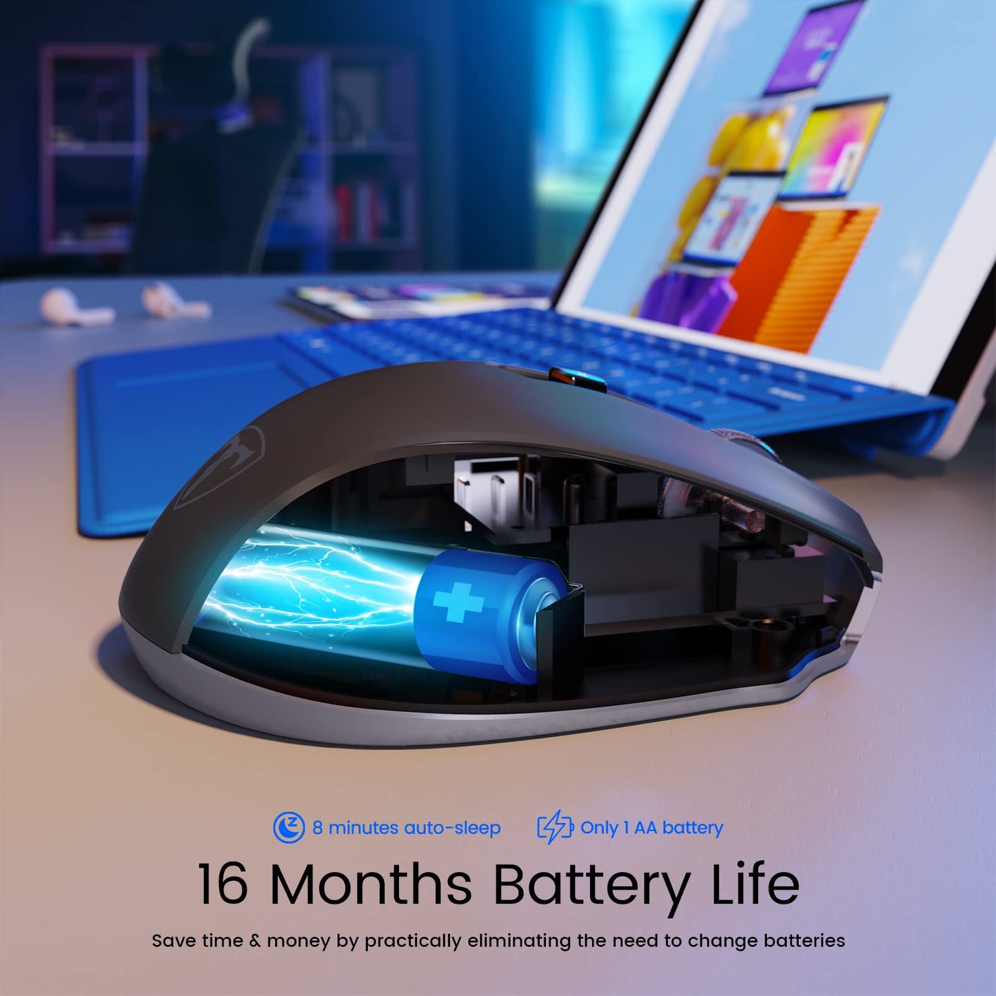 Wireless Mouse, D-09 Computer Mouse USB Cordless Mice for Laptop, Ergo Grips, Lightspeed 5-Level 2400 DPI, 16 Months Battery, Portable for PC Mac Chromebook (Black)