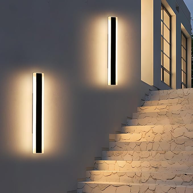 2 Pack 23.6inch Modern Outdoor Wall Light, Black Long LED Wall Sconce, 24W, IP65 Waterproof, 3000K Warm White, Exterior Wall Light Fixture for Porch, Patio, Garage, Yard, House, Garden