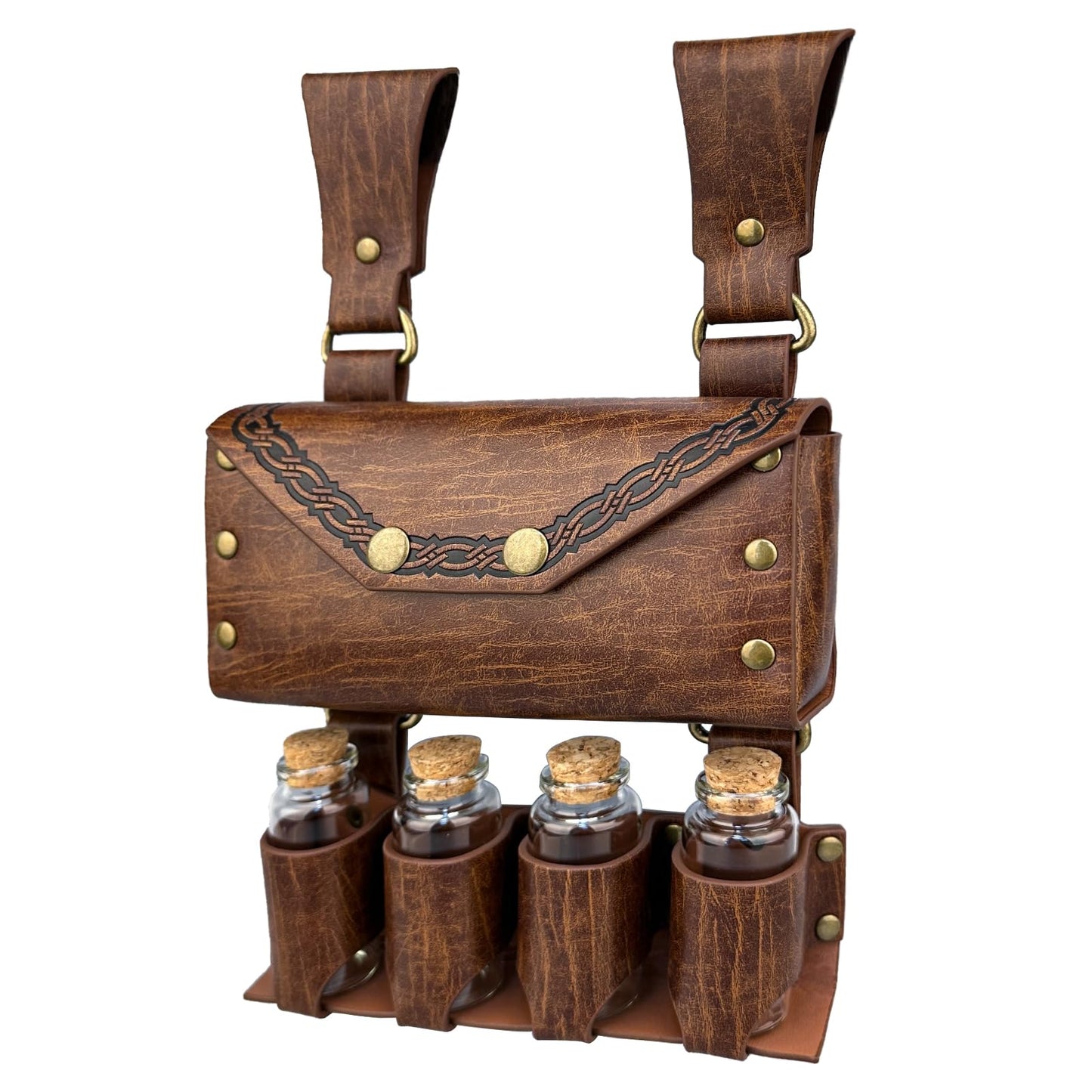 HiiFeuer Medieval Alchemy Faux Leather Belt Bag with 4 Cork Potion Vials, Fantasy Wizard Waist Pouch Side Pack for Ren Faire (Light Brown A)