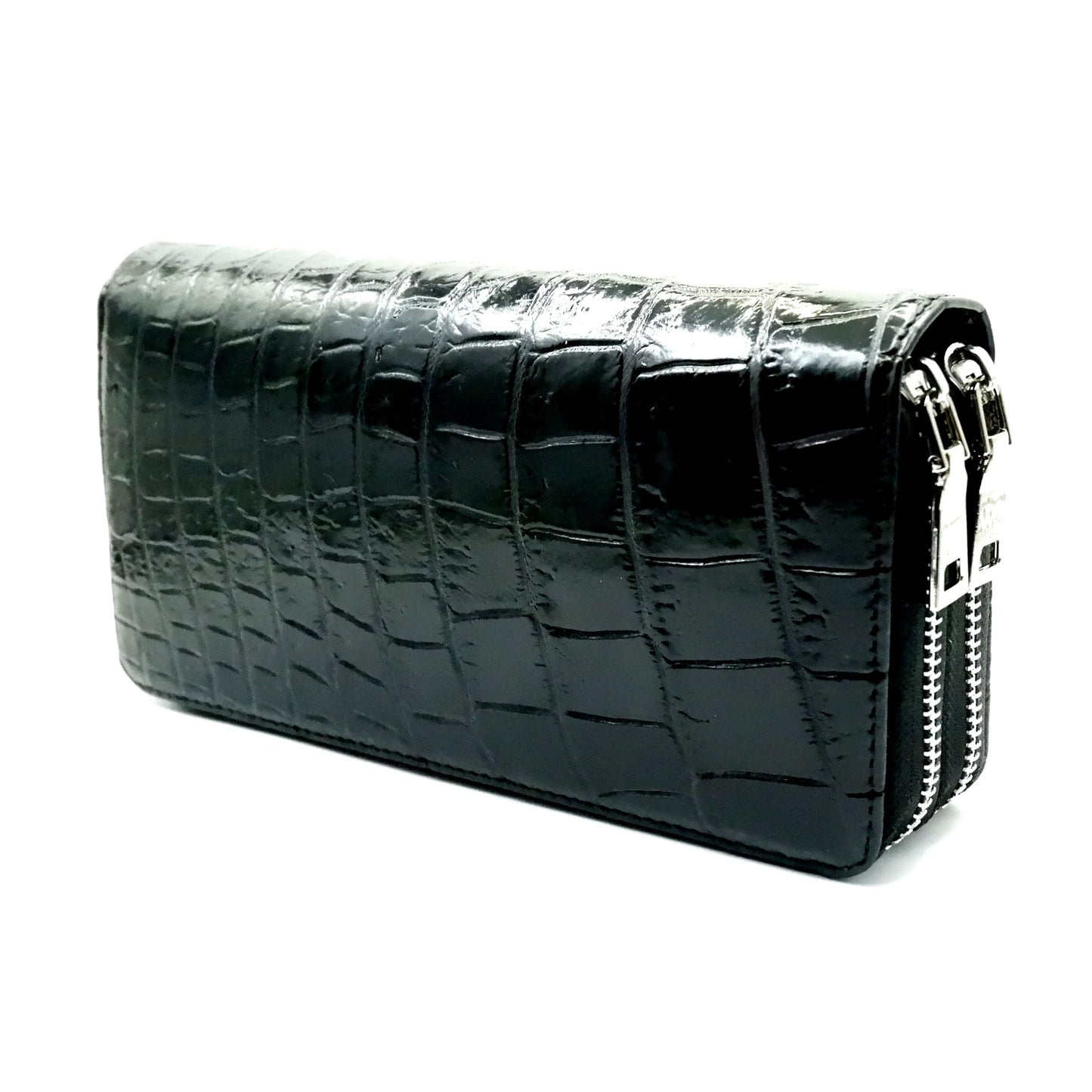 EXSOOTTI New Black Alligator Crocodile Leather Belly Soft Skin Women Double Zipper Clutch Wallet.
