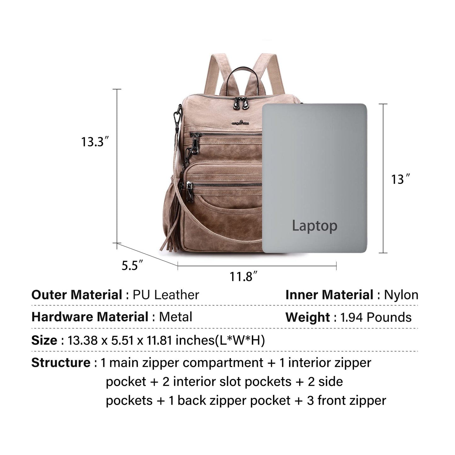 Angel Kiss Backpack Purse Women PU Leather ladies fashion shoulder bag Casual Tassel Zipper Backpacks(Taupe)