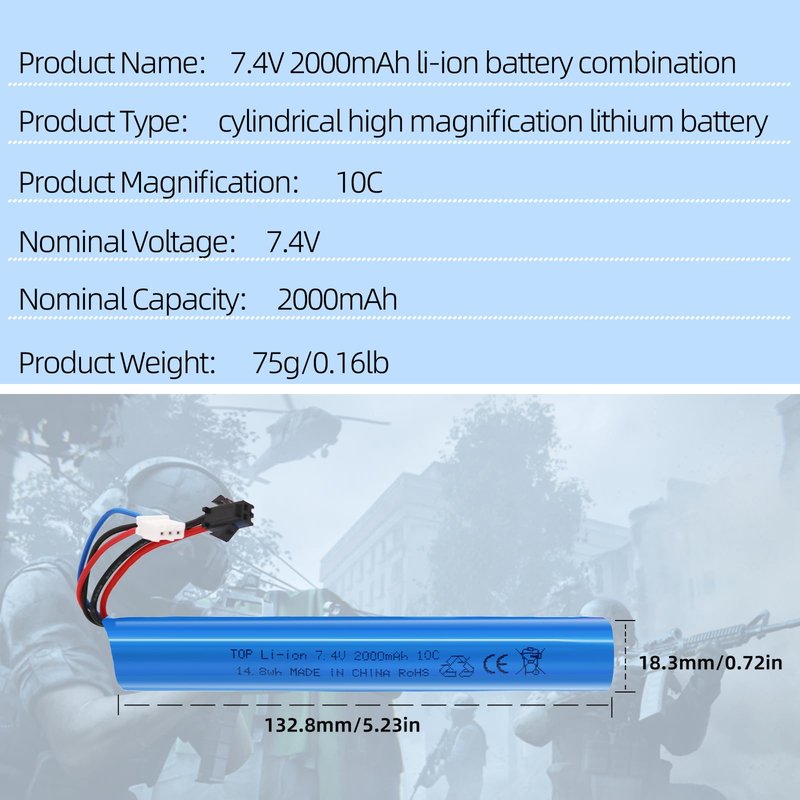 Tosiicop Airsoft Gel Blaster Battery - 7.4V 2000mAh Splatter Ball Batteries for SRB1200 SRB400 SRB400-SUB MP5K M4 M110 SM2P Plug Water Bead Airsofts with RechargeableUSB Charger 2 Pack