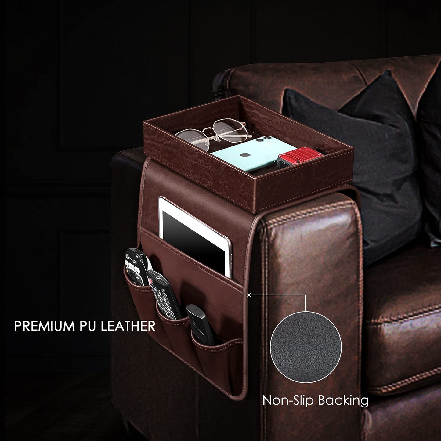 SITHON Sofa Remote Control Holder with Detachable Tray - [Non Slip] PU Leather Chair Couch Armrest Organizer Caddy with 5 Pockets for Magazines Phone iPad TV Remote Game Controller Eyeglasses (Brown)